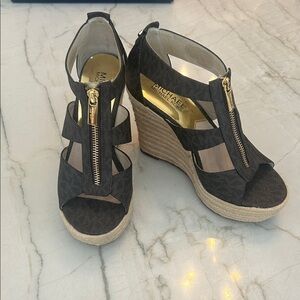 Michael Kors Black and Gold Wedge Sandals